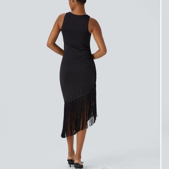 Halara Round Neck Sleeveless Ruched Fringe Bodycon Midi Resort Dress S NWT - Picture 2 of 13